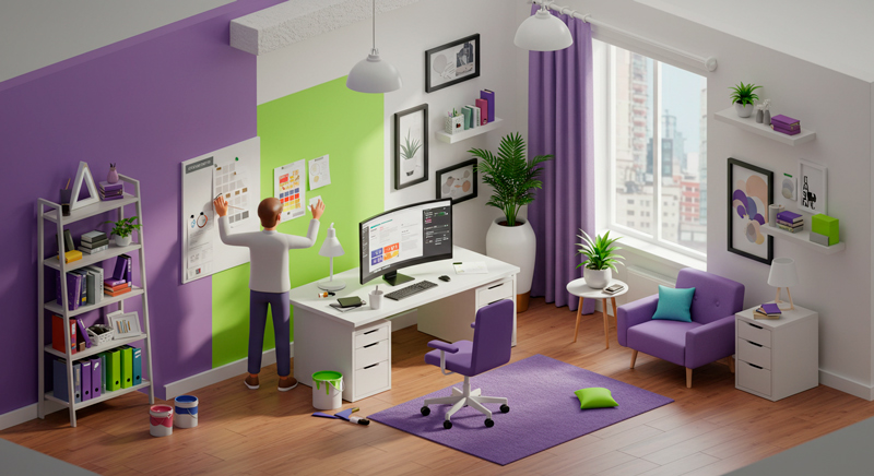Ilustração em 3D de pessoa personalizando o layout de escritório.