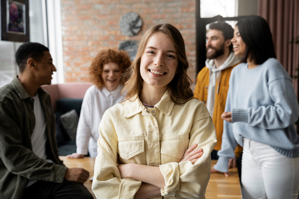 Mulher sorridente em meio a colegas de coworking.