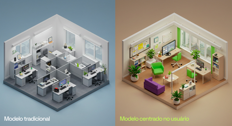 Comparativo entre layout de escritório: tradicional e centrado no usuário.