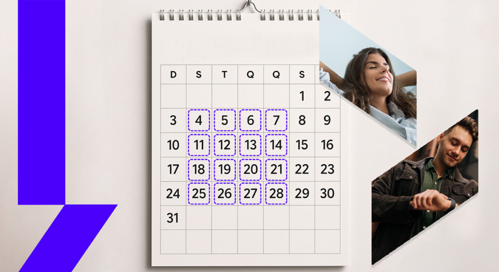 Calendário com marcações de segunda a quinta, sinalizando jornada de trabalho de 4 dias.