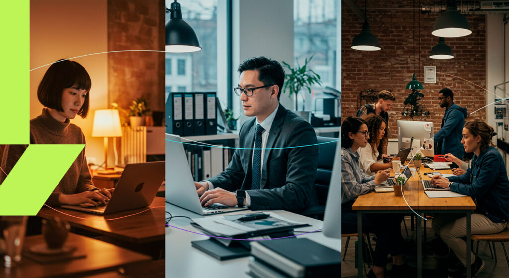 Três profissionais atuando em diferentes locais, representando o trabalho flexível.