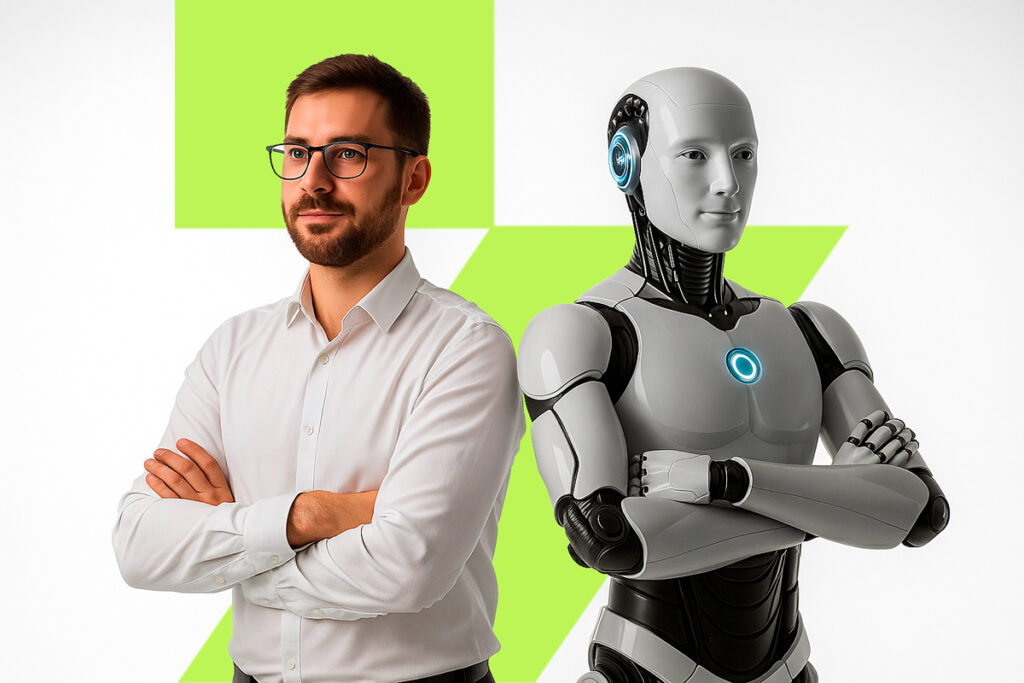 Colaborador humano e IA lado a lado, representando novo modelo híbrido.