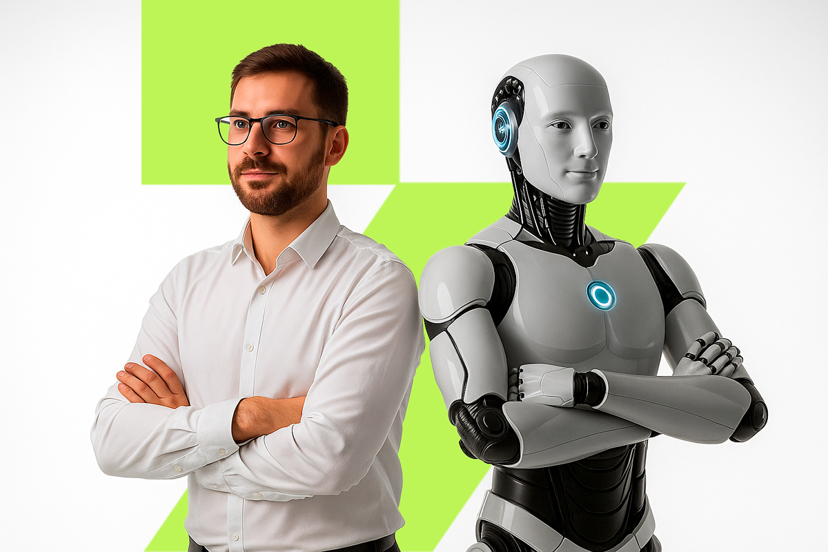 Colaborador humano e IA lado a lado, representando novo modelo híbrido.