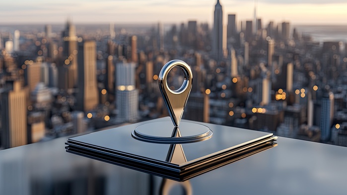  Mapa digital em smartphone com marcador de localização representando estratégias de localização para negócios digitais, uso de endereço fiscal em coworking e vantagens de manter endereço fiscal estratégico em áreas nobres.