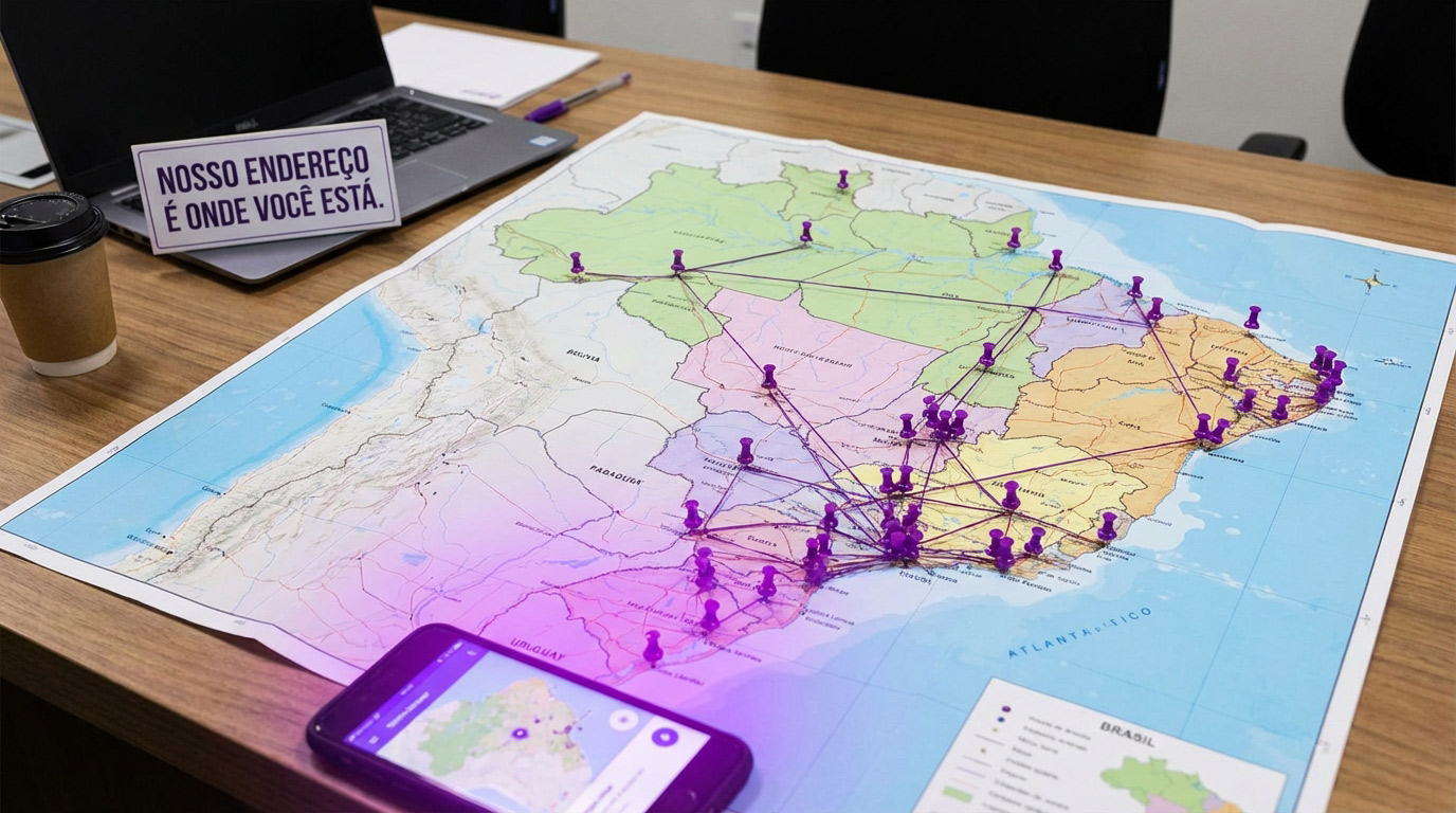 Mapa em cima de mesa com vários pontos marcados, com localização de negócios.