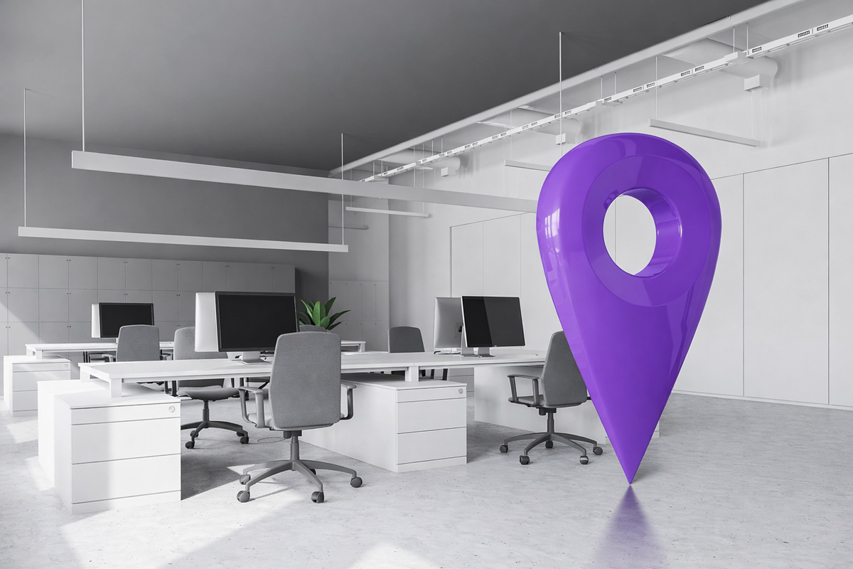 ícone de localização dentro de um prédio comercial bem localizado.