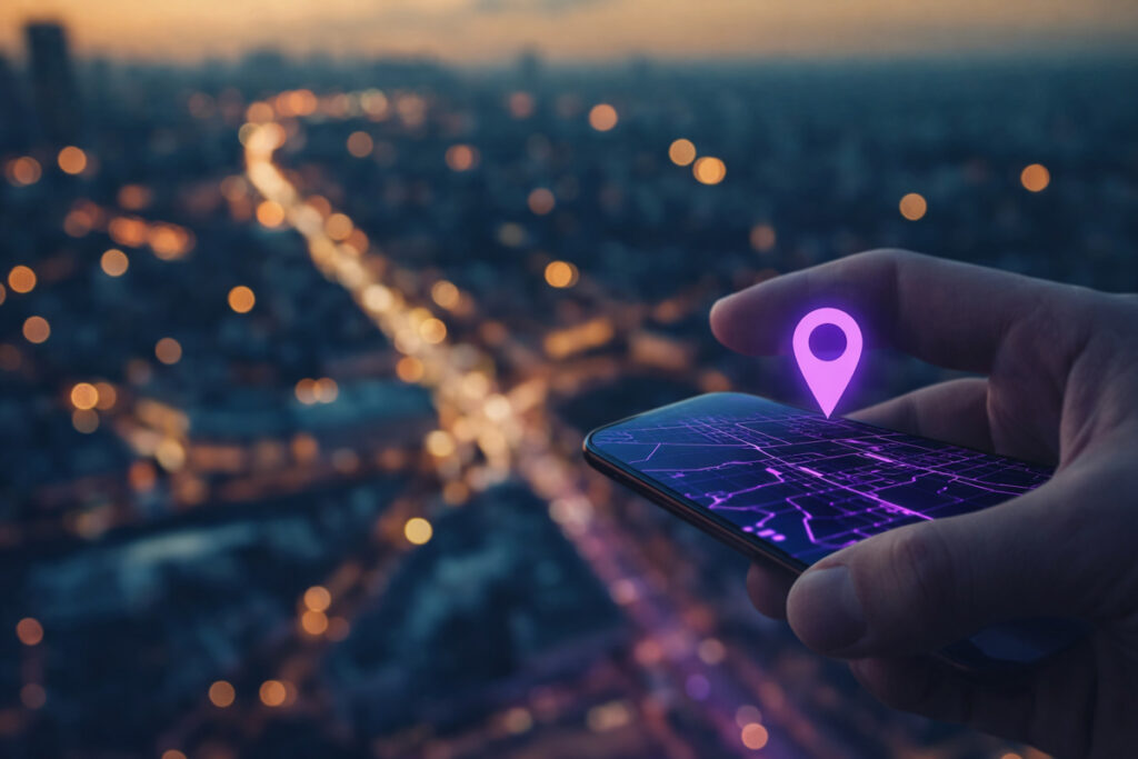 Ícone de localização sobre cenário urbano empresarial simbolizando endereço fiscal estratégico e melhores localizações para endereço fiscal em coworking no Brasil, destacando benefícios de posicionar empresas em regiões corporativas valorizadas.