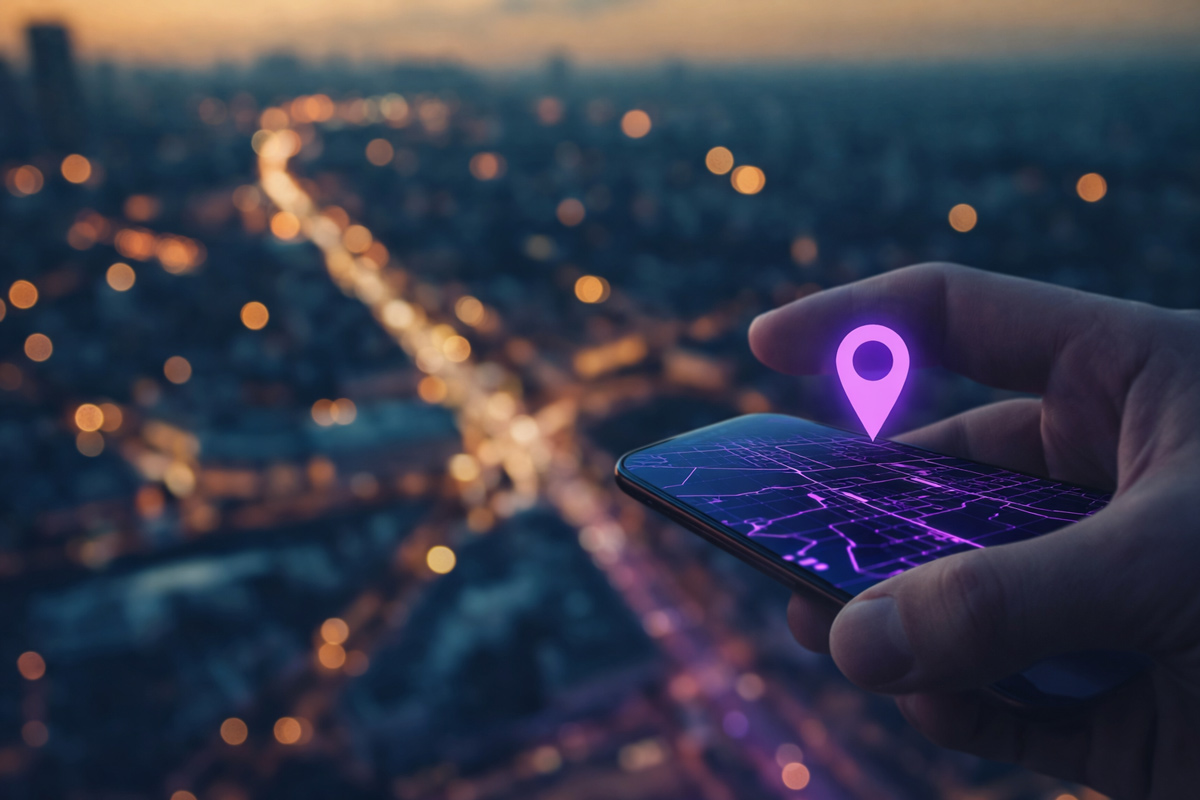 Ícone de localização sobre cenário urbano empresarial simbolizando endereço fiscal estratégico e melhores localizações para endereço fiscal em coworking no Brasil, destacando benefícios de posicionar empresas em regiões corporativas valorizadas.