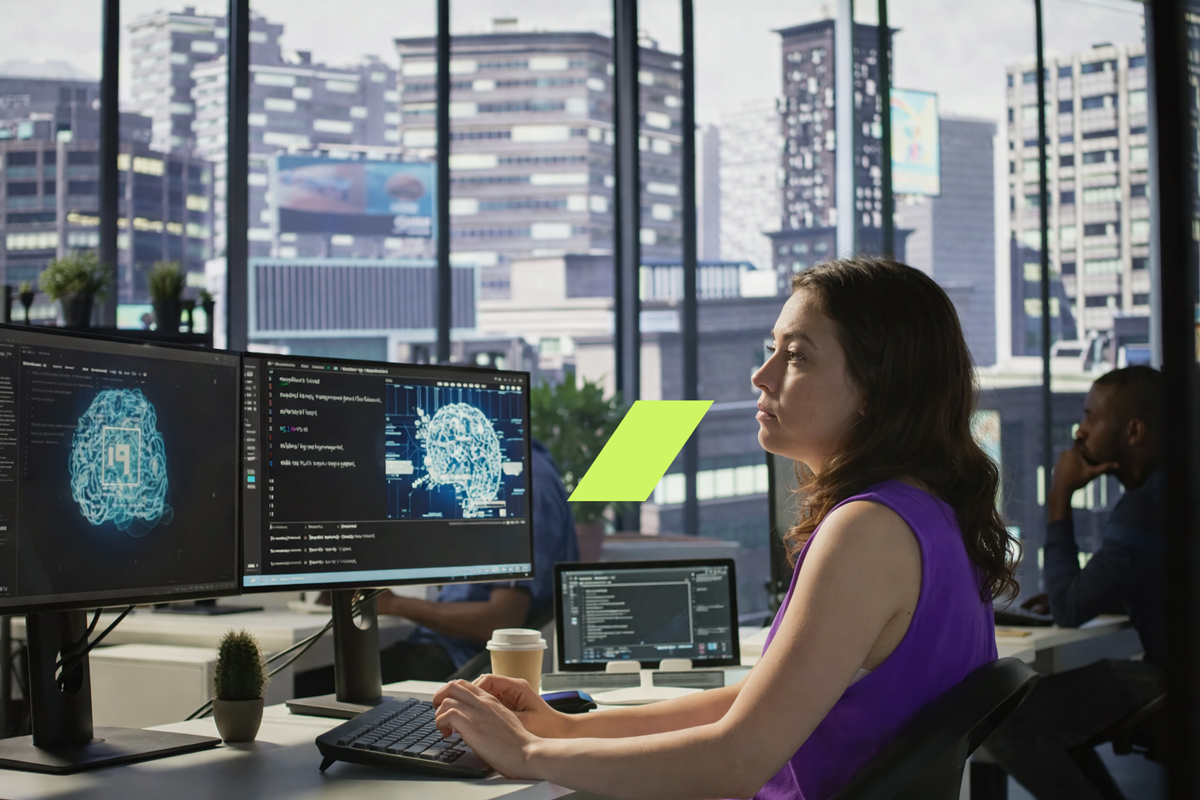 Mulher aprendendo a usar IA em sua carreira.