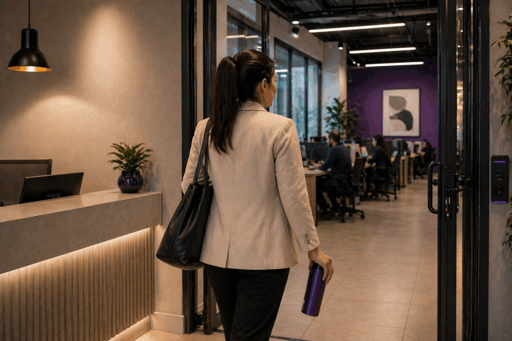 Mulher entrando em espaço de coworking moderno e aconchegante.