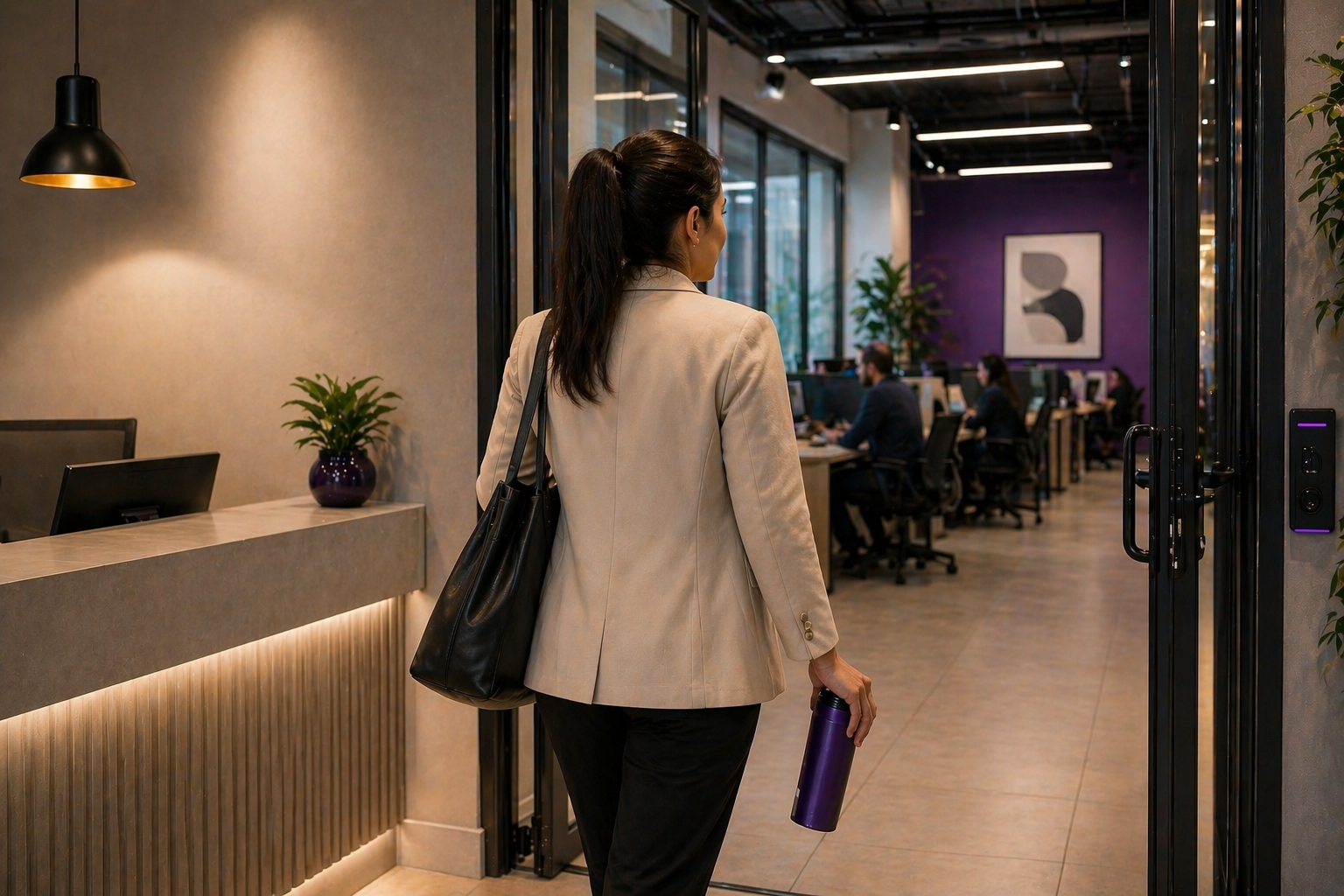 Mulher entrando em espaço de coworking moderno e aconchegante.