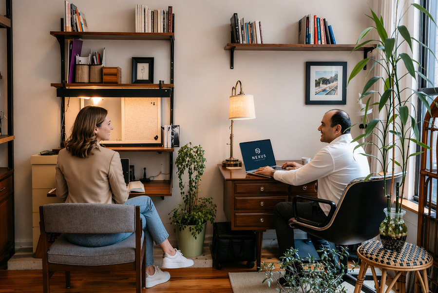 Trabalho presencial em escritório corporativo moderno