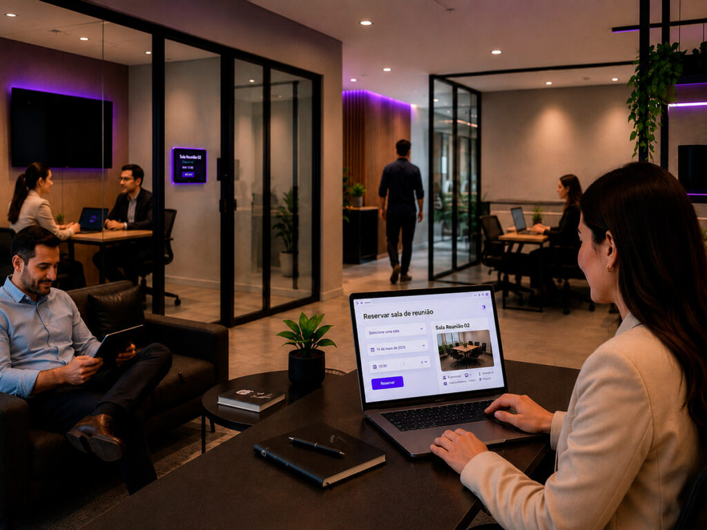 Profissionais utilizando um coworking moderno com salas de reunião envidraçadas e sistema de reserva digital em notebook, em ambiente organizado, acolhedor e tecnológico de smart office