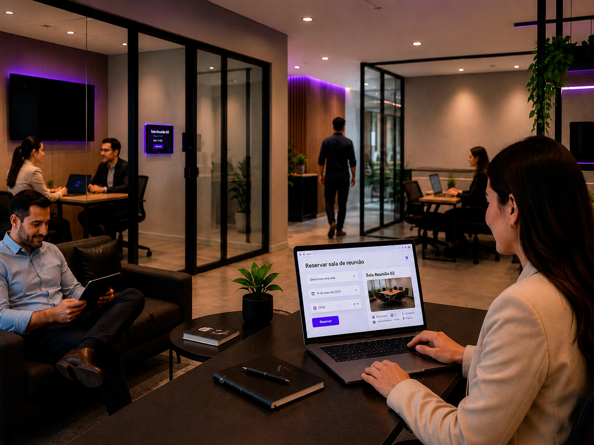 Profissionais utilizando um coworking moderno com salas de reunião envidraçadas e sistema de reserva digital em notebook, em ambiente organizado, acolhedor e tecnológico de smart office