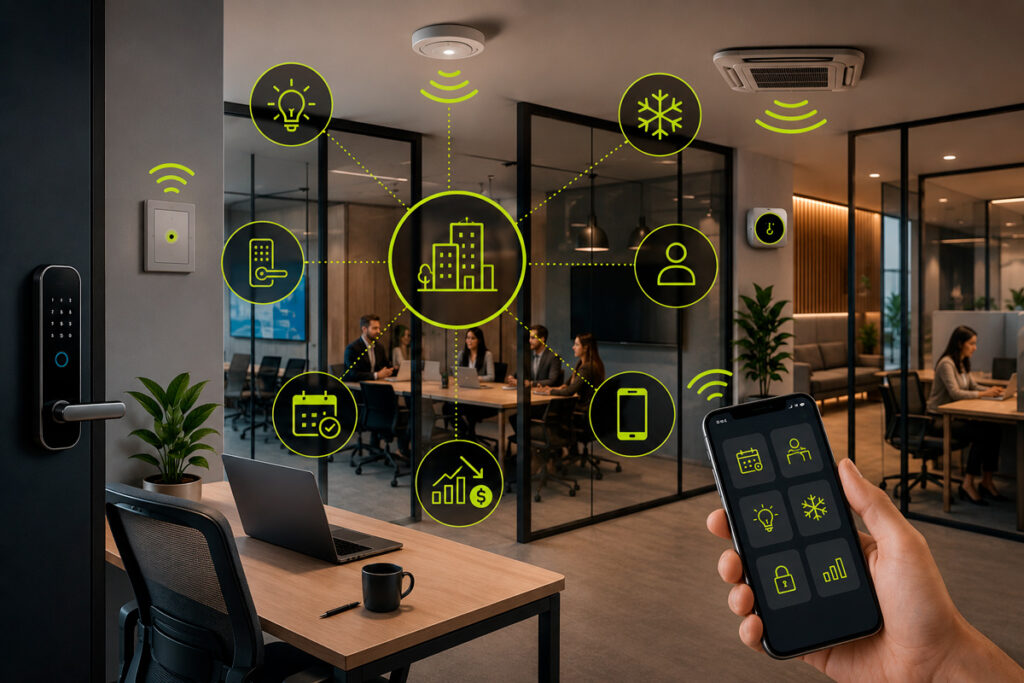 Smart office com ícones representando cada uma das automações que a tecnologia permite controlar para reduzir gastos desnecessários e aumentar a eficiência.