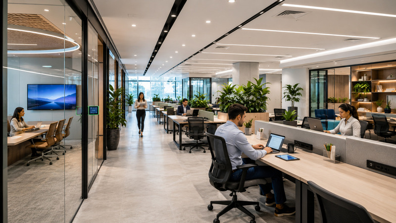 Ambiente de smart office moderno com estações de trabalho compartilhadas, salas privativas de reunião em vidro e equipes trabalhando em um espaço corporativo organizado, iluminado e integrado à natureza com plantas e design contemporâneo