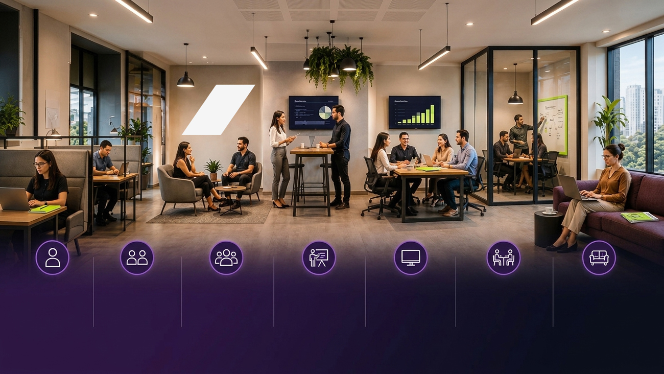 Equipe reunida em um espaço colaborativo moderno, utilizando diferentes ambientes para reuniões, brainstorming, conversas rápidas e trabalho em grupo, representando os diversos modos de colaboração no escritório contemporâneo.