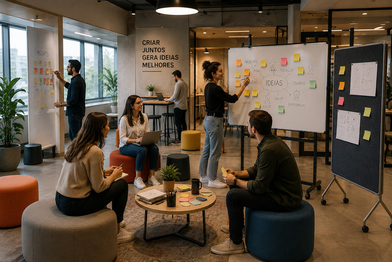 Equipe reunida em um espaço colaborativo flexível durante uma sessão de brainstorming, utilizando quadros para anotações, mobiliário móvel e diferentes áreas de apoio para desenvolver ideias e construir soluções em conjunto.