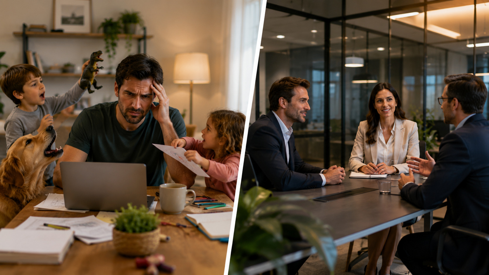 Comparação entre trabalho remoto e ambiente profissional: à esquerda, homem trabalhando em casa enquanto lida com interrupções de filhos e cachorro; à direita, o mesmo profissional participa de uma reunião com clientes em um coworking moderno, organizado e adequado para encontros de negócios.