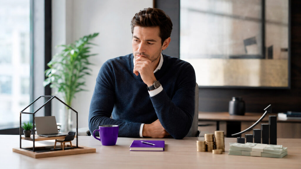 Colaborador pensando entre modelo híbrido de trabalho ou aumento no salário.