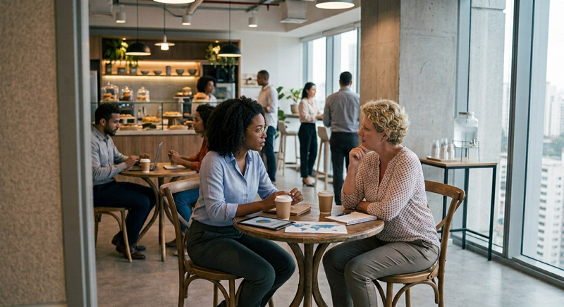 Pausa para café em cafeteria do espaço comercial. Duas pessoas conversam sobre trabalho durante a pausa.