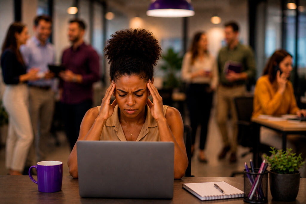 Colaboradora tentando se concentrar em tarefa mas sendo interrompida por distrações no ambiente de trabalho, como conversas e outros ruídos.