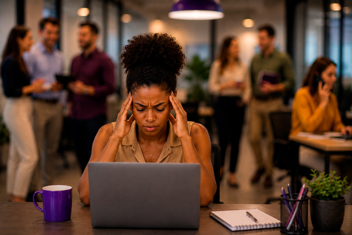 Colaboradora tentando se concentrar em tarefa mas sendo interrompida por distrações no ambiente de trabalho, como conversas e outros ruídos.