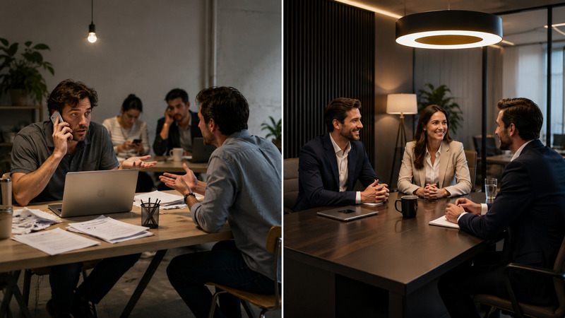 Comparação entre atendimento em ambiente informal e reunião em sala profissional, mostrando a diferença que a estrutura do espaço pode causar na percepção de clientes.