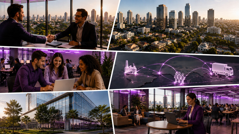 Empresas e profissionais em diferentes ambientes corporativos, representando os fatores que favorecem a expansão de negócios em Ribeirão Preto.