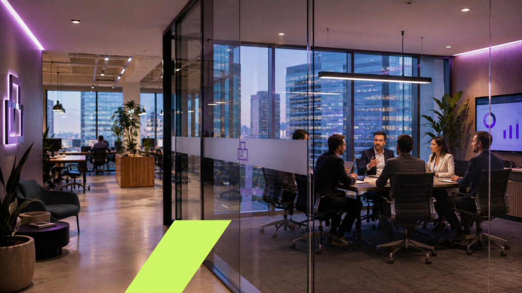 Equipe de uma grande empresa reunida em sala privativa de coworking, em um ambiente corporativo moderno e profissional.