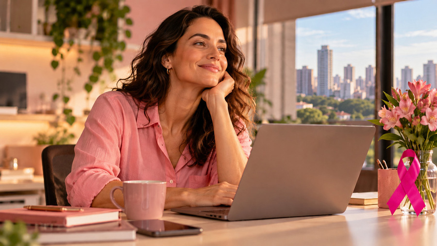 Mulher de rosa usando notebook para trabalhar, com laço do outubro rosa ao lado.