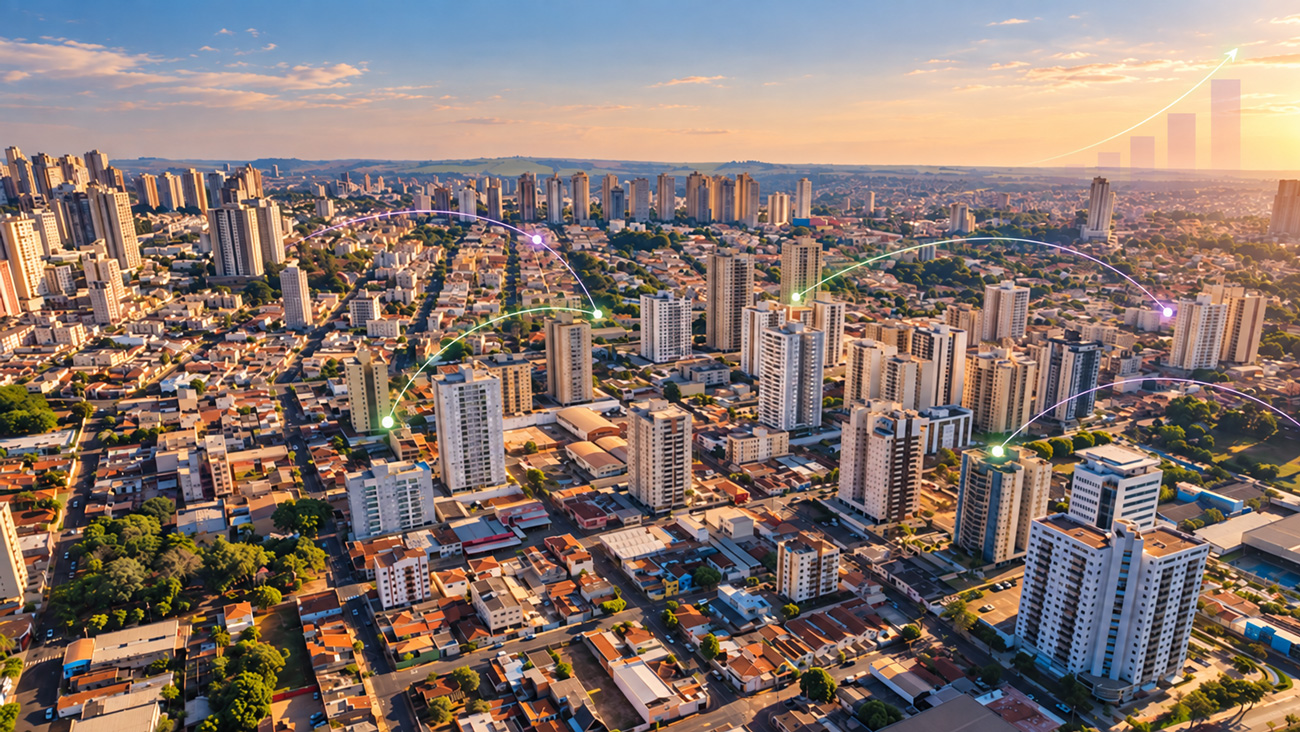 Foto aérea da cidade de Ribeirão Preto, com elementos gráficos conectando diversos prédios e um gráfico subindo discreto ao fundo.