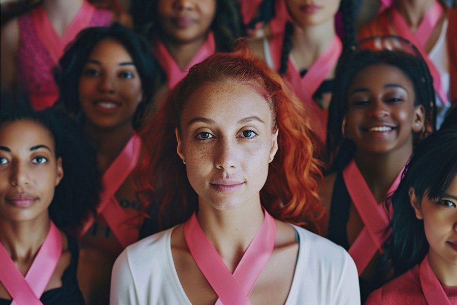 Time de colaboradoras vestindo laço rosa no pescoço, olhando sérias para a câmera.